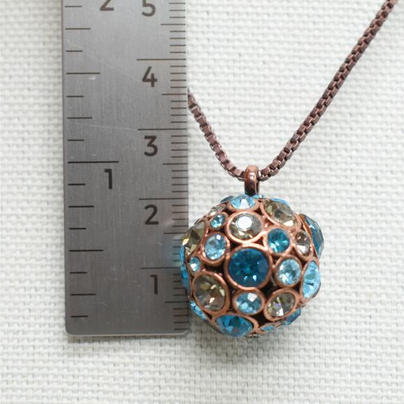 Fossil copper box chain necklace w/ sparkly blue rhinestone ball cluster pendant - Picture 4 of 5